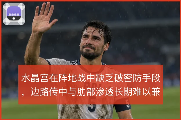 水晶宫在阵地战中缺乏破密防手段，边路传中与肋部渗透长期难以兼顾